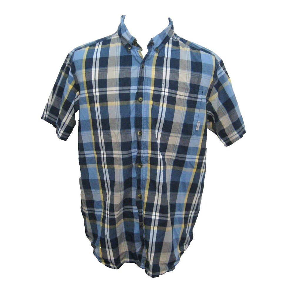 Columbia Shirt Mens Large Blue Plaid Short Sleeve Button Front Cotton Pocket Top